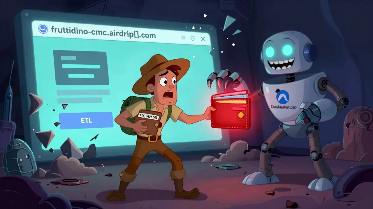 Un aventurero paralizado mientras un robot con logo de CoinMarketCap intenta robar su billetera.