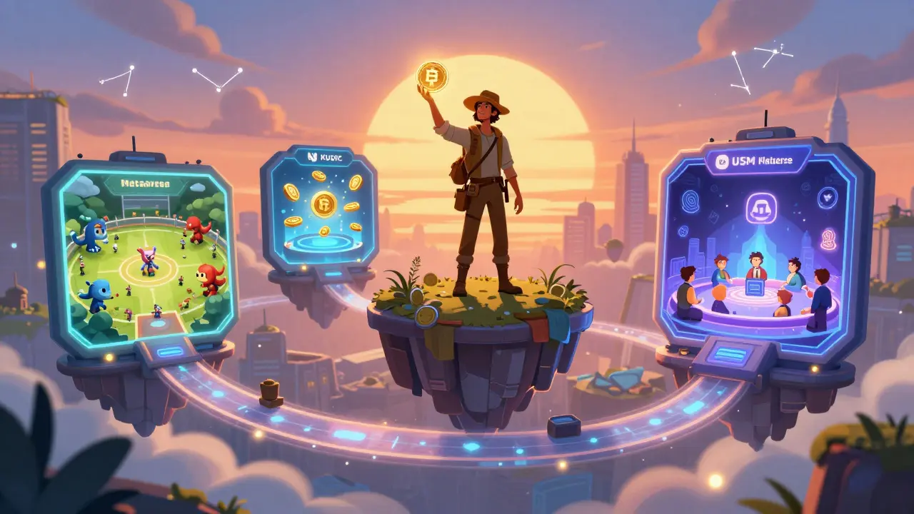 Un aventurero sostiene un token RACA que ilumina tres caminos mágicos hacia juegos, finanzas y votación en el metaverso.