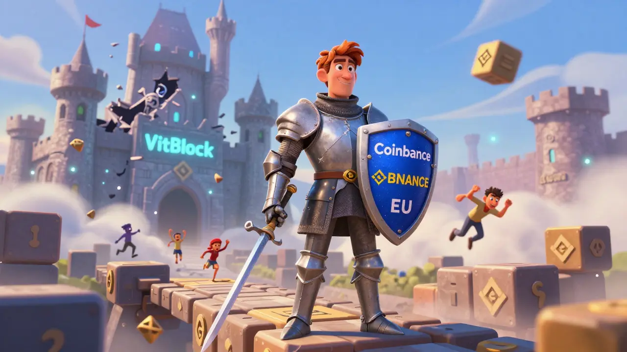Un caballero con escudos de Coinbase y Binance EU cruza un puente seguro mientras VitBlock se desmorona detrás.