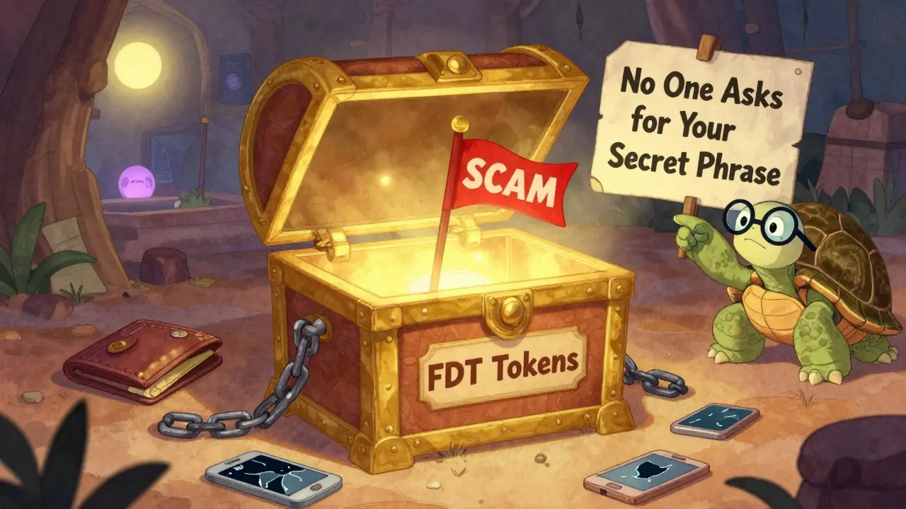 Un cofre vacío con bandera 'SCAM', rodeado de billeteras rotas, mientras otros airdrops reales brillan al fondo.