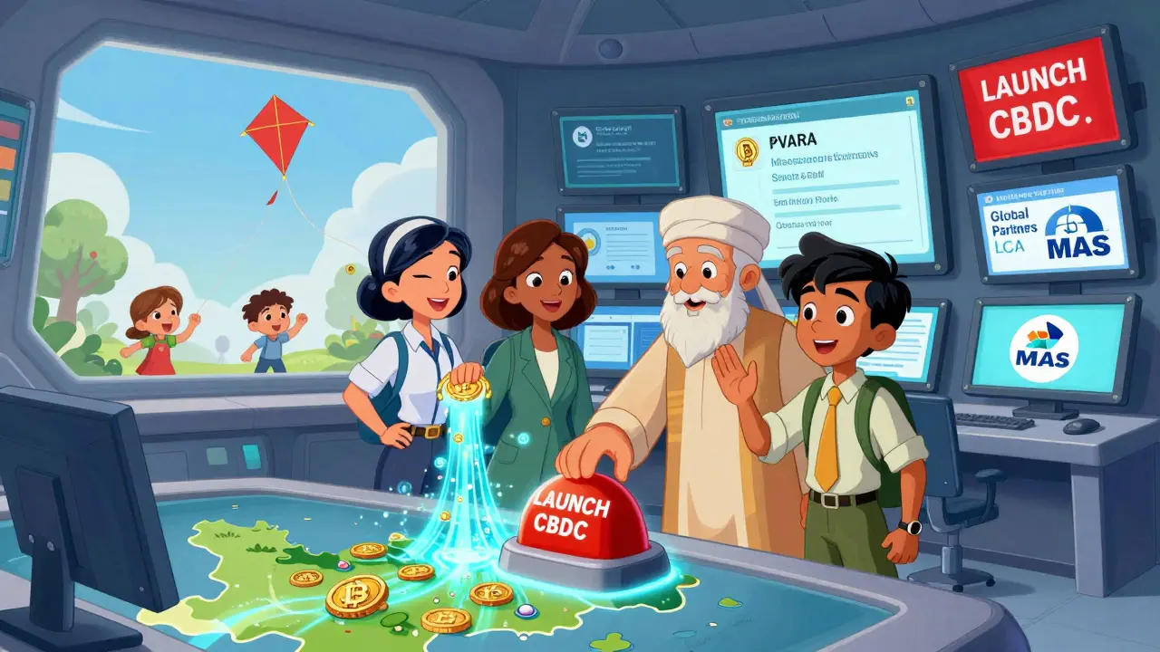 Un equipo diverso activa el CBDC de Pakistán mientras monitorean licencias y cooperación global, con niños volando cometas en forma de criptomonedas.