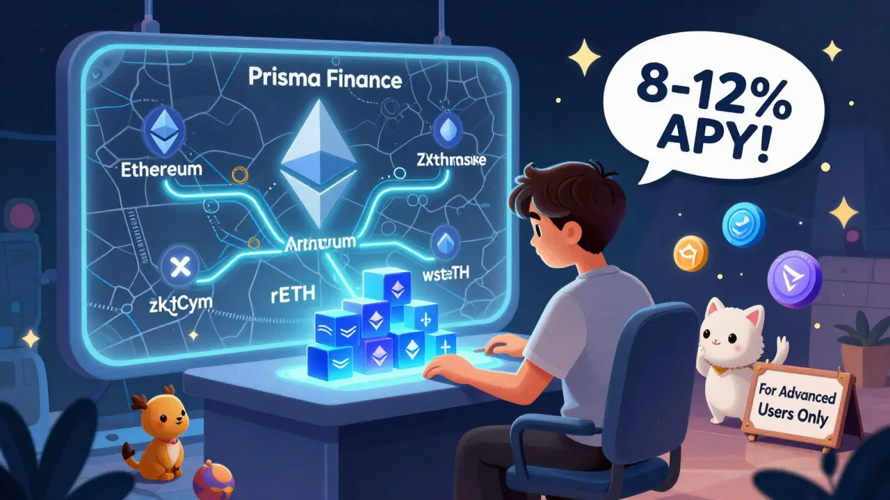 Un experto en DeFi interactúa con el protocolo Prisma mientras tokens de staking bailan alrededor.