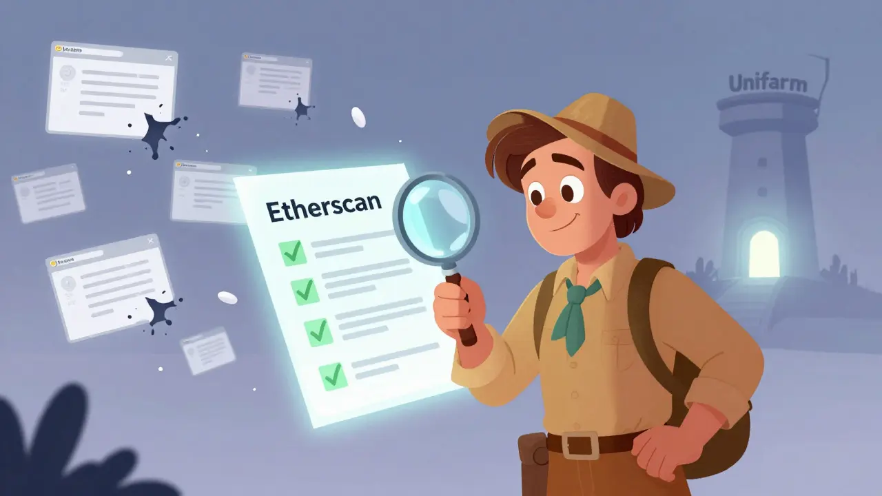 Un explorador verifica un contrato real en Etherscan mientras sitios falsos se desmoronan detrás.