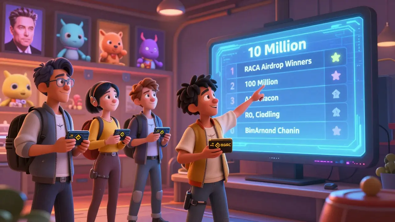 Un grupo de usuarios entusiasmados mira un tablero de airdrop de RACA mientras NFTs y criptomonedas brillan en una pantalla holográfica.