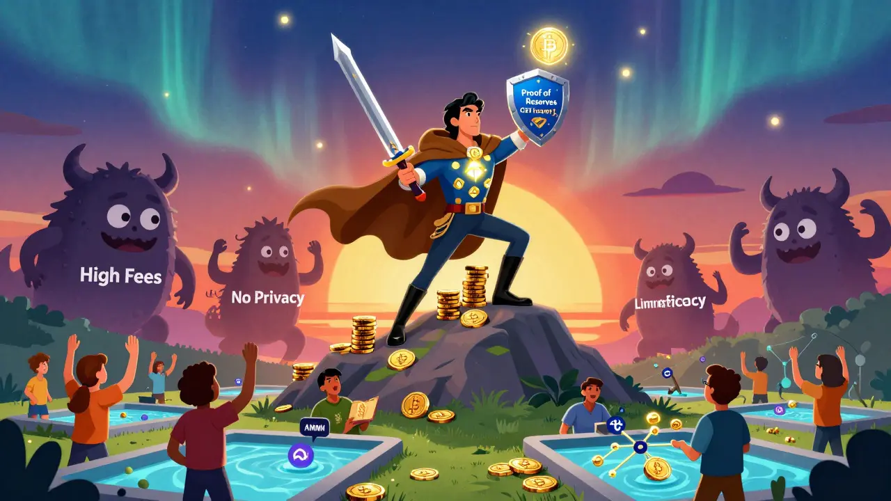 Un héroe blockchain derrota monstruos de altas comisiones con un escudo de 'Proof of Reserves' en un paisaje cósmico.