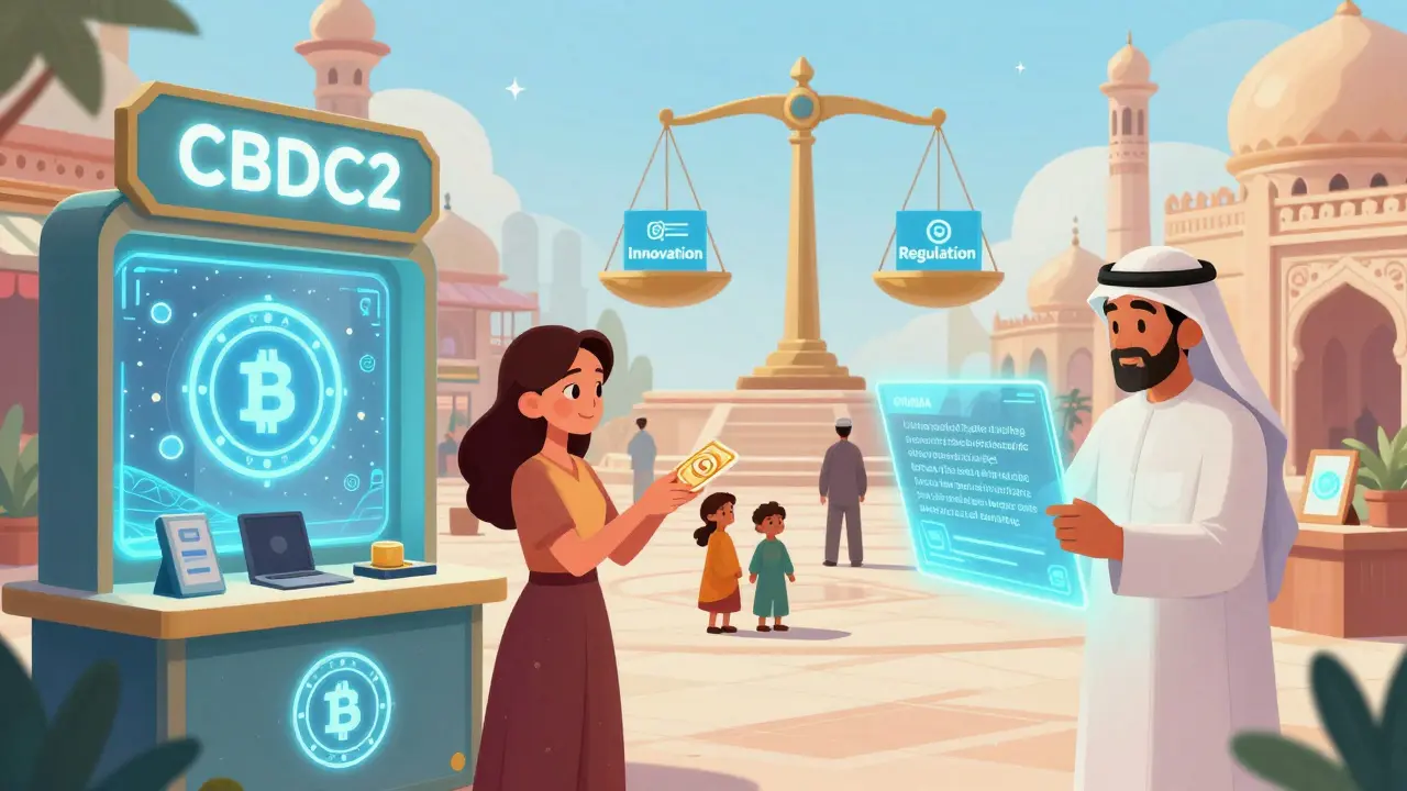 Un mercado digital pakistaní con plataformas licenciadas, un kiosco CBDC y una mujer enviando remesas por blockchain, bajo un cielo de innovación regulada.