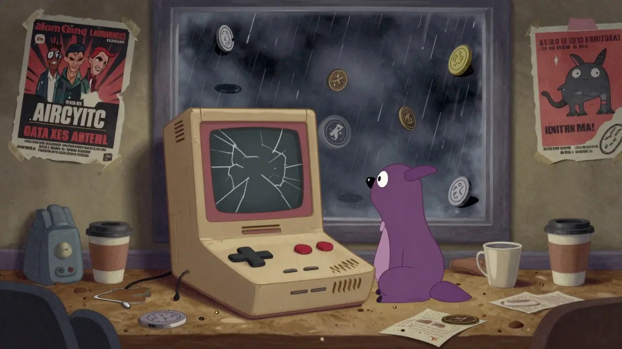 Un monstruo ELMON abandonado frente a una consola rota, rodeado de recuerdos de un juego olvidado.