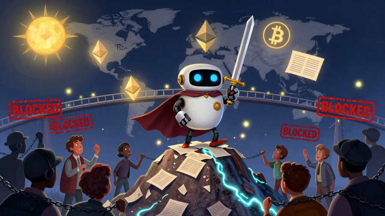 Un robot billetera defiende a personas de censores con una espada de llave, bajo un puente blockchain iluminado.