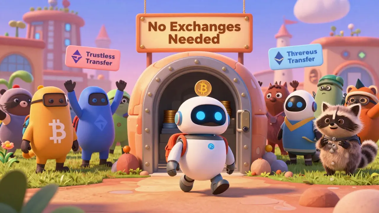 Un robot billetera viaja de Bitcoin a Ethereum, depositando un activo en un contrato inteligente.