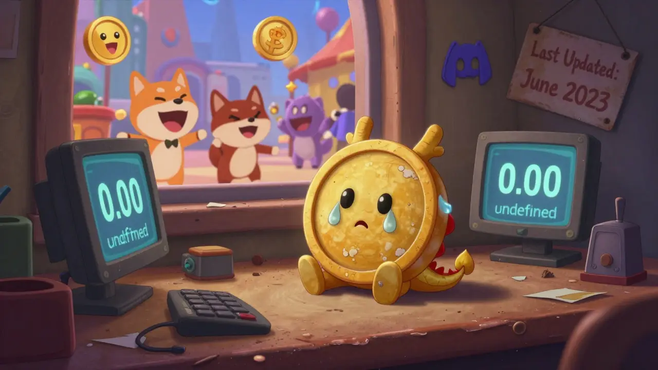 Un token DragonKing solitario en una mesa abandonada, con pantallas que muestran '0.00'.