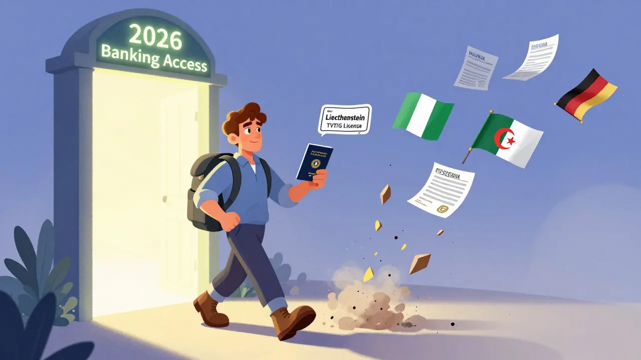 Un trader con licencia de Liechtenstein camina hacia una puerta brillante que representa el acceso bancario garantizado en 2026.