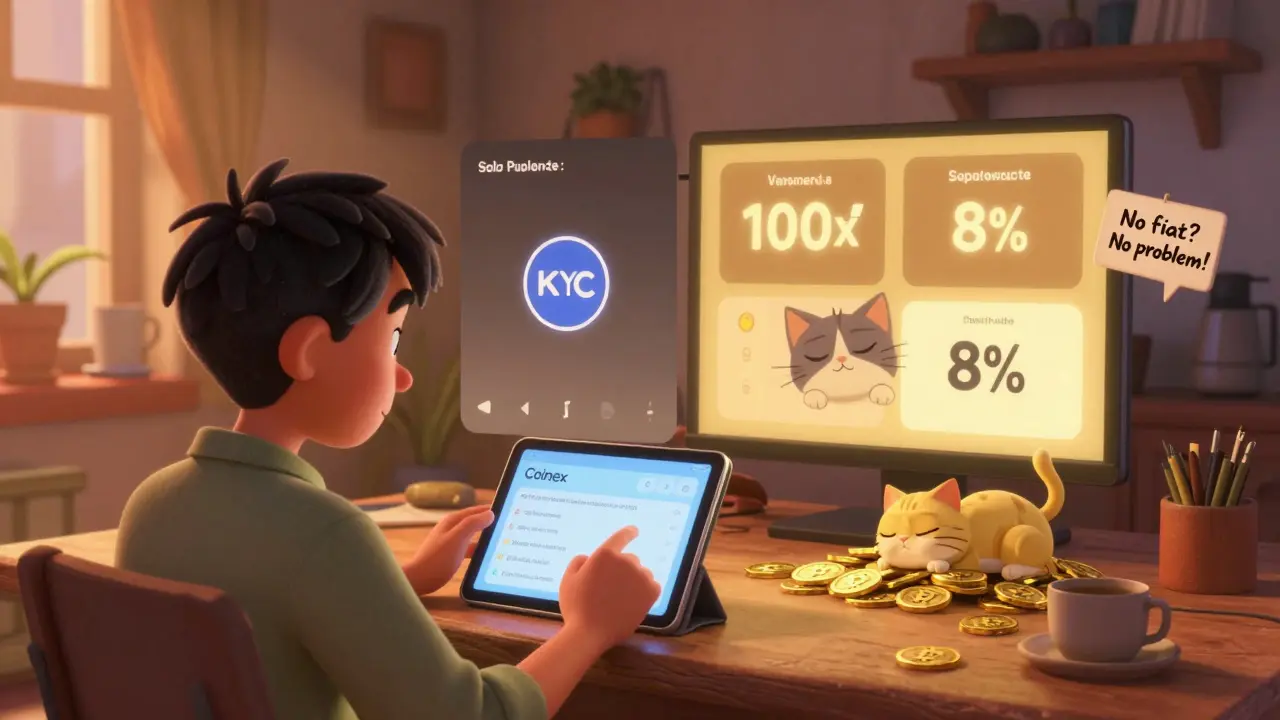 Un usuario en España usa CoinEx en una tablet, con funciones avanzadas brillando y un gato durmiendo sobre USDT.