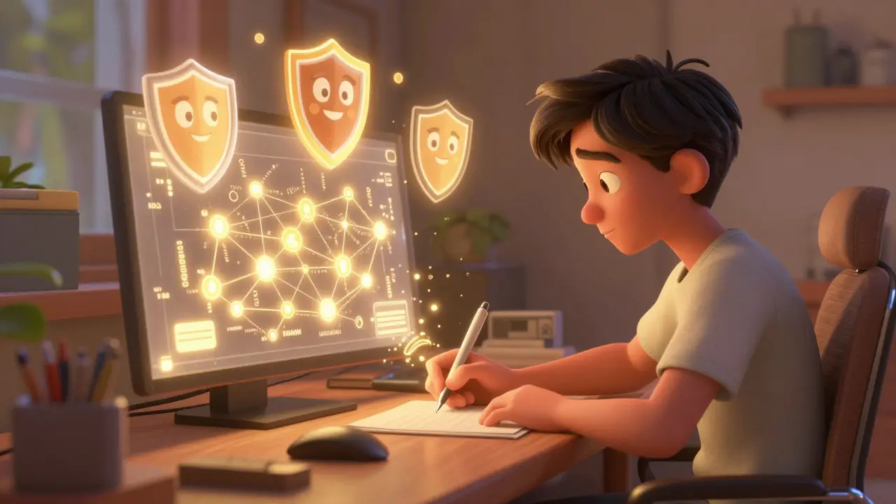 Un usuario firma una transacción con una pluma mágica mientras la blockchain verifica su autenticidad.