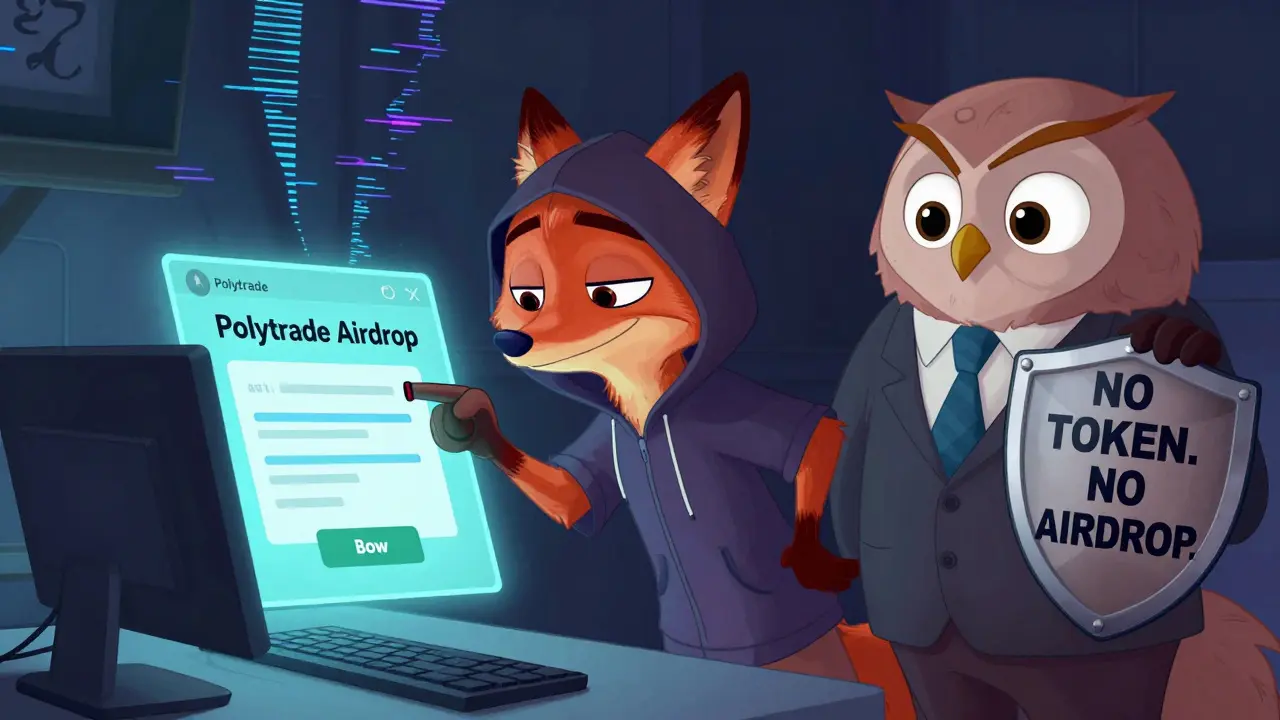 Un zorro engañoso intenta robar datos mientras una lechuza oficial advierte que Polytrade no tiene airdrop ni token.
