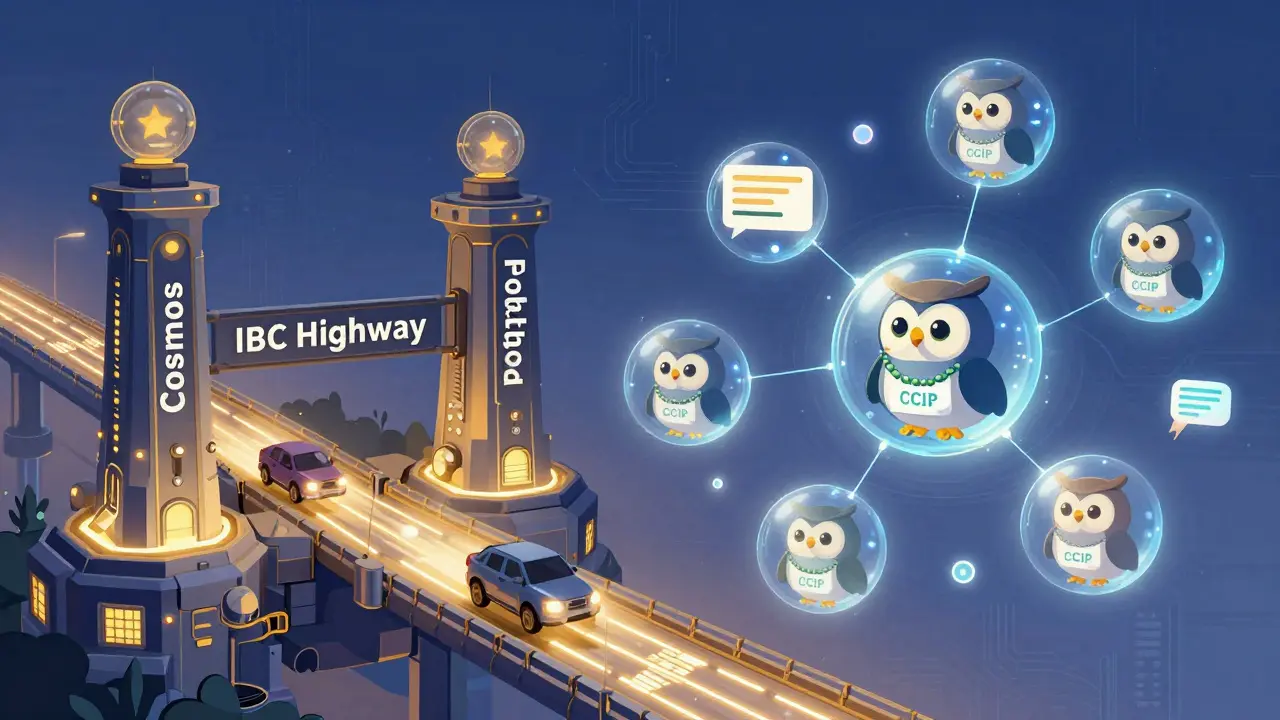 Una autopista de datos entre blockchains con vehículos y oráculos que transportan mensajes cifrados.