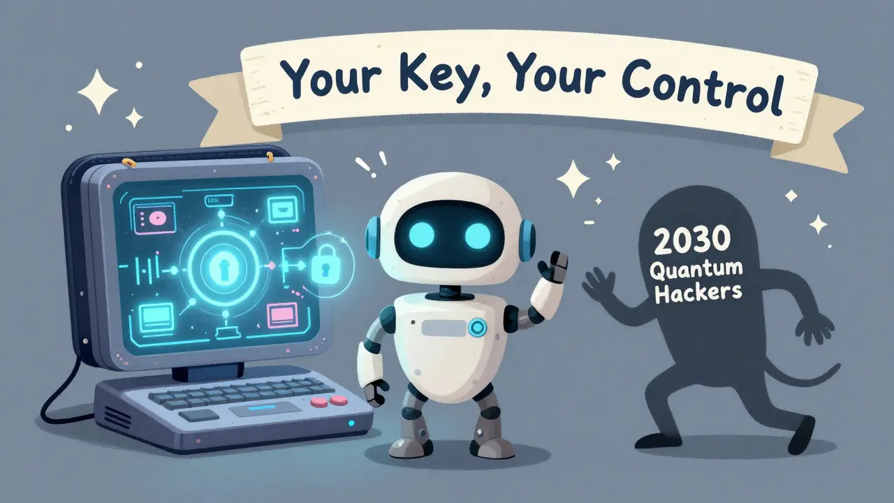 Una billetera inteligente junto a una computadora cuántica rechaza a hackers futuros mientras claves seguras brillan alrededor.