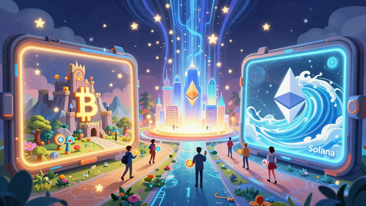 Una billetera mágica abre un portal a un mundo interconectado de blockchains temáticas.