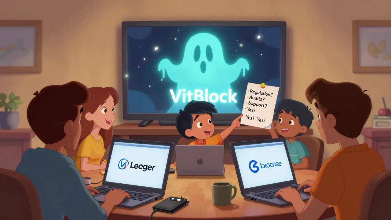 Una familia revisa intercambios seguros mientras una publicidad de VitBlock desaparece como un fantasma.