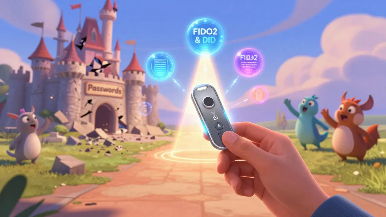 Usuario sostiene una llave física que se convierte en un portal hacia una identidad descentralizada con datos cifrados flotantes.