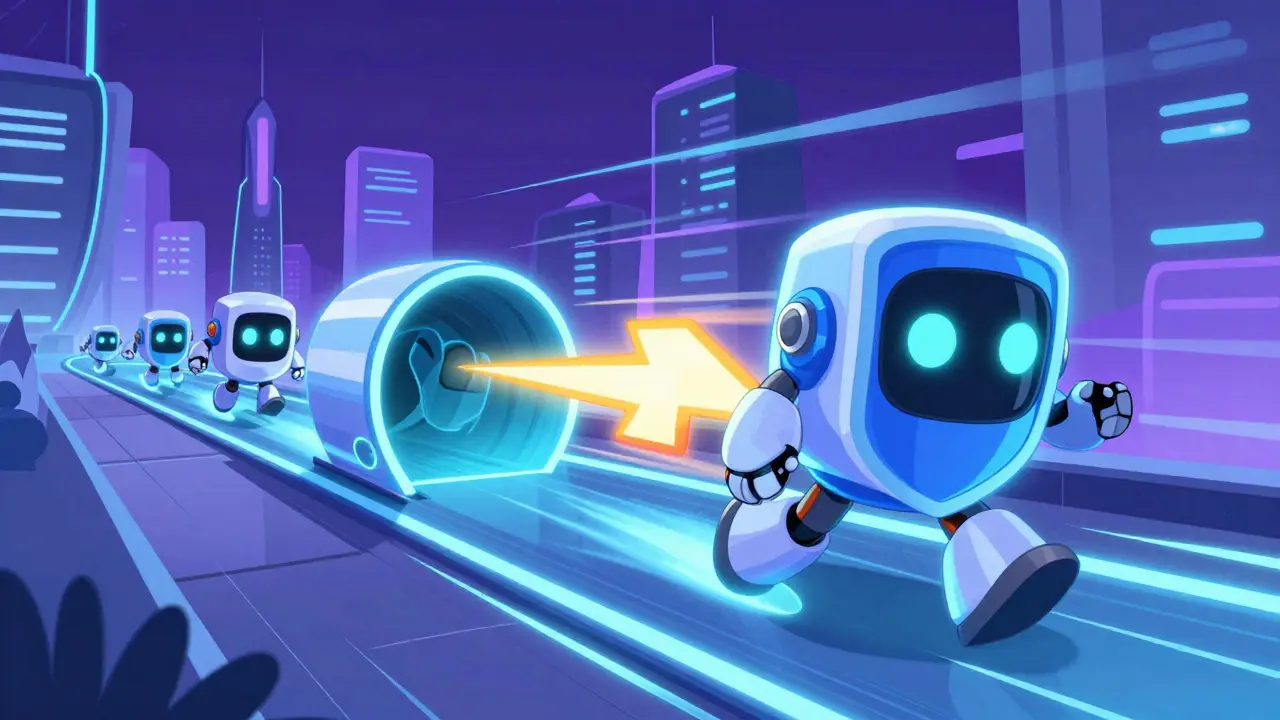 Varios robots compitiendo en mercado DeFi con transacción protegida. Estilo Disney futurista.