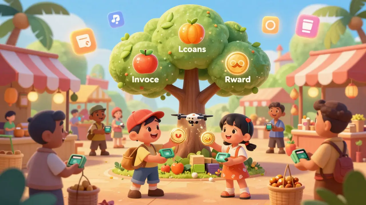 Vendedores en un mercado indonesio reciben pagos instantáneos con TOKO, mientras un árbol blockchain crece en el centro con frutas digitales.