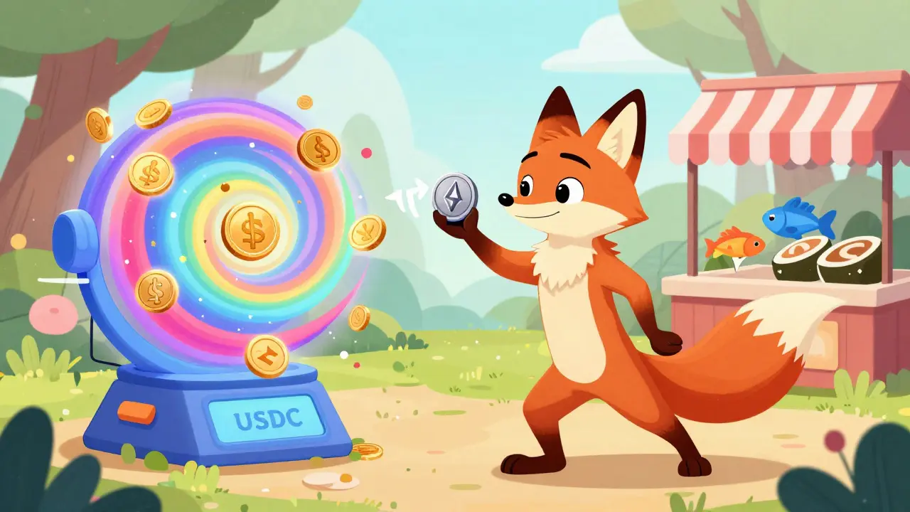 Zorro animado intercambiando tokens entre intercambios descentralizados en estilo Disney.