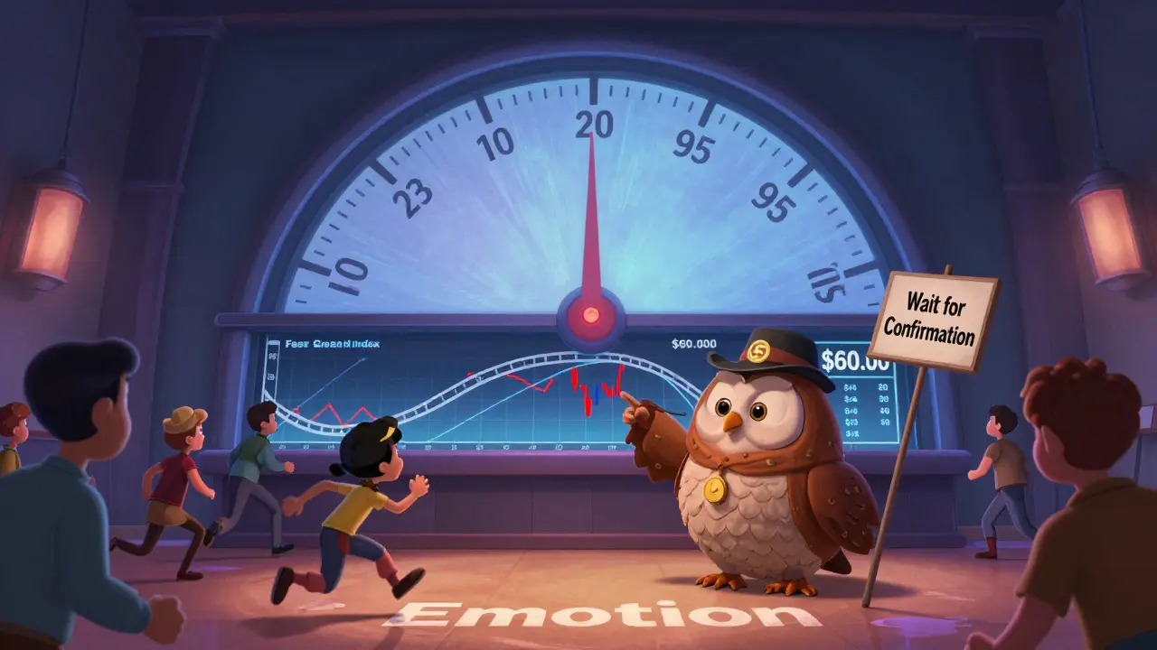 A giant sentiment dial spins above a rollercoaster Bitcoin chart, with a wise owl warning traders.