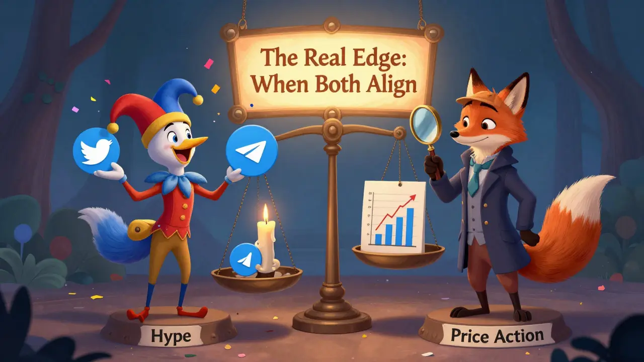A jester with hype symbols balances against a fox analyzing price action on a scale.