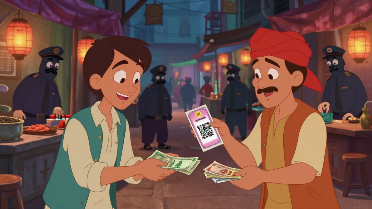 Agentes locales intercambian dinero en efectivo por códigos QR de Bitcoin en un mercado animado de Dhaka.