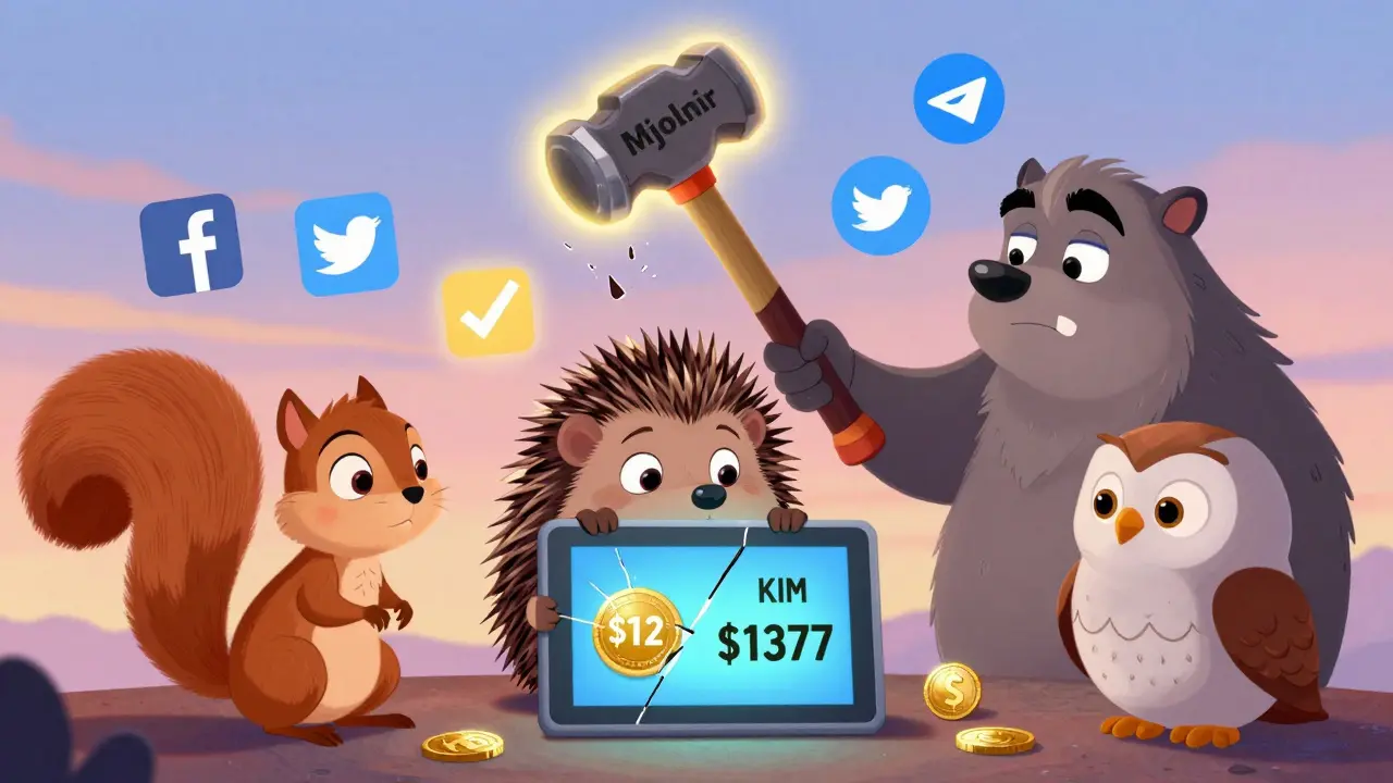 Animales confundidos miran precios contradictorios de KIM mientras un martillo Mjolnir se desintegra, guiados por un mapache que señala canales oficiales.