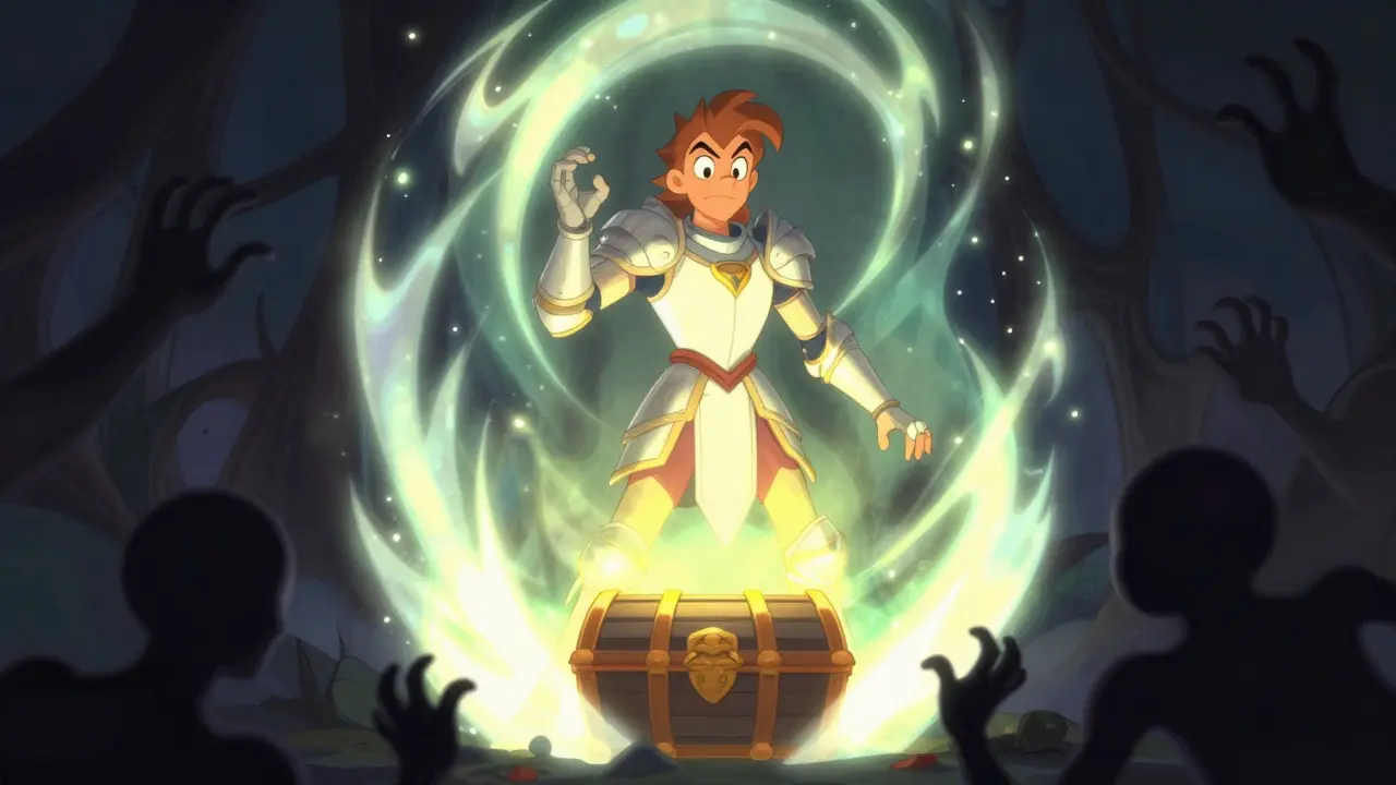 Caballero defendiendo su tesoro contra sombras oscuras con escudo.