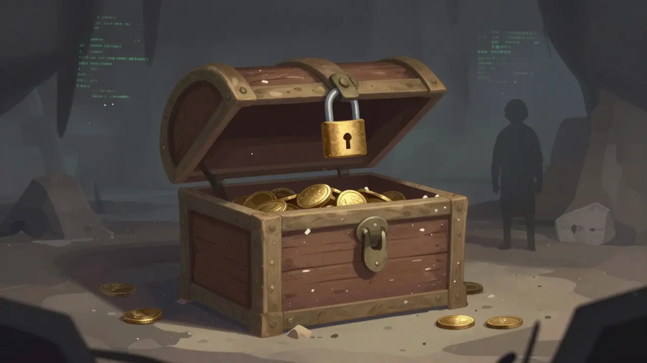 Cajón de tesoros vacío y polvoriento con candado roto en una cueva digital oscura.
