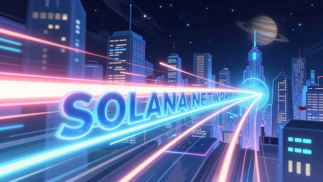 Ciudad futurista con flujos de luz rápida representando transacciones