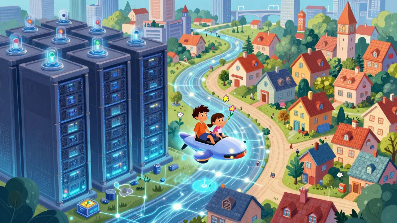 Ciudad híbrida donde infraestructura tradicional y nodos descentralizados coexisten, conectados por caminos brillantes de blockchain.