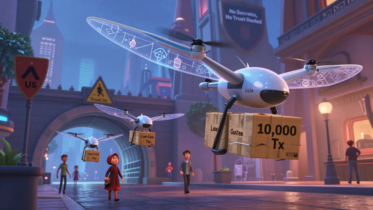 Drones de entrega en una ciudad cripto: SNARKs pequeños y STARKs grandes, volando con diferentes lemas.