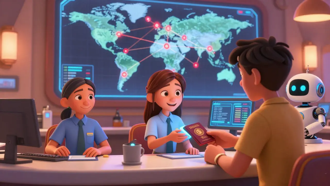 Empleados de una plataforma cripto verifican identidades y monitorean transacciones en tiempo real con pantallas brillantes.