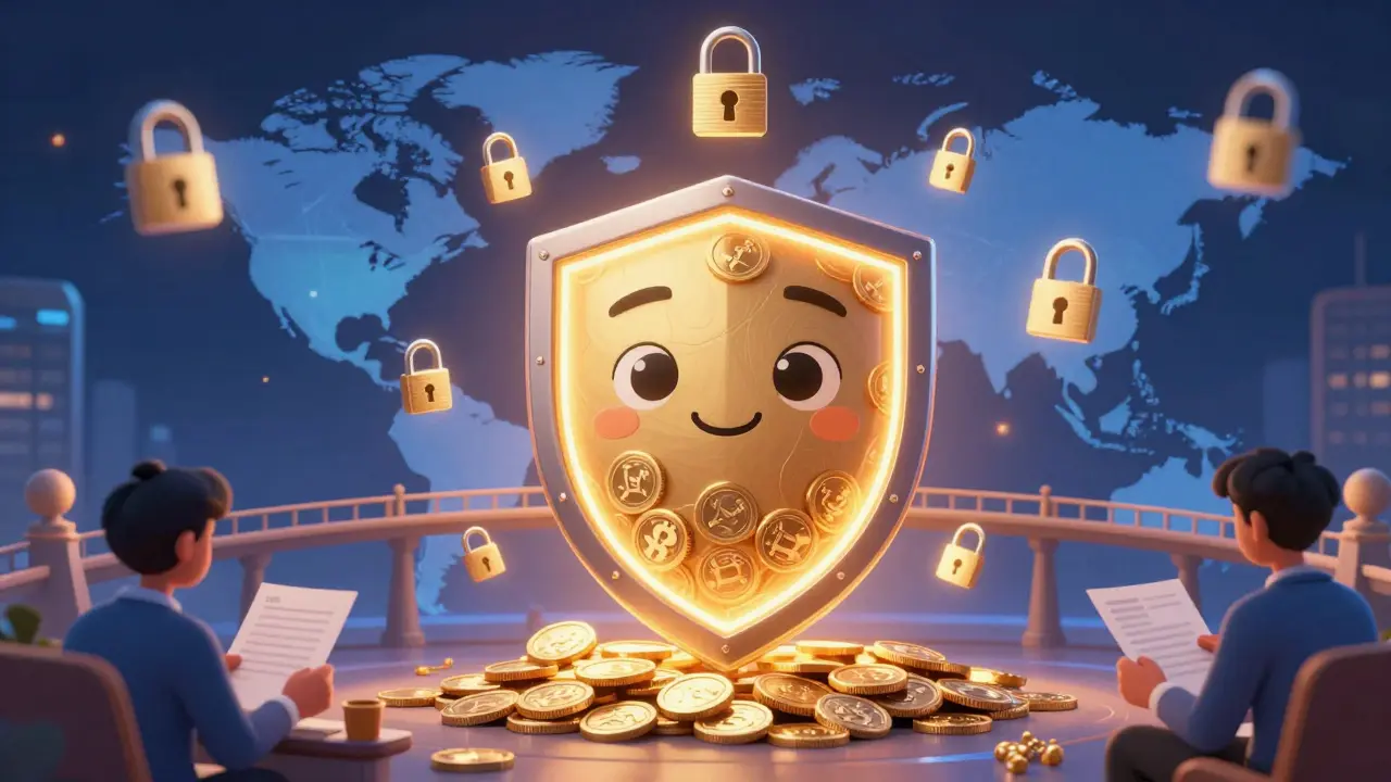 Escudo de seguridad protegiendo activos digitales y puentes europeos