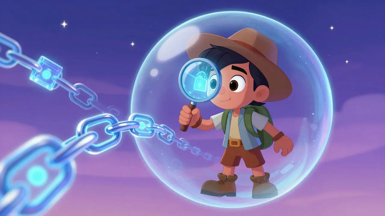 Explorador revisando cadena de bloques con lupa mágica.