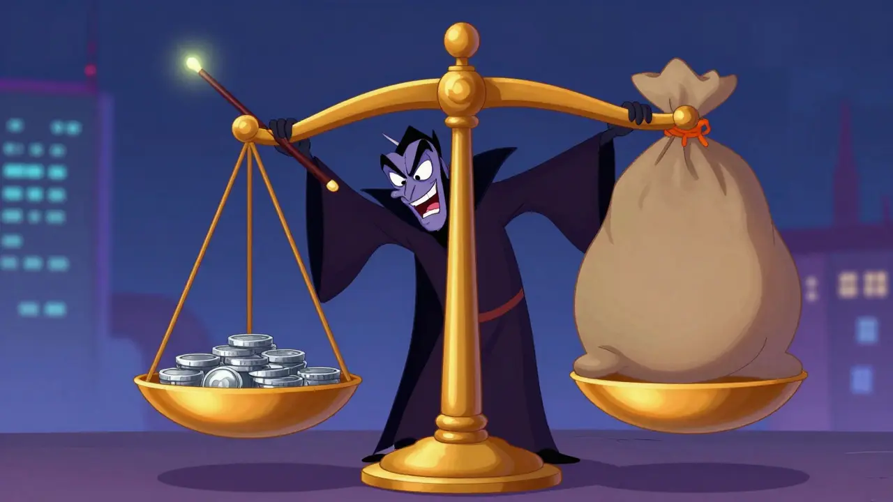 Figura manipulando balanza de monedas para distorsionar precios