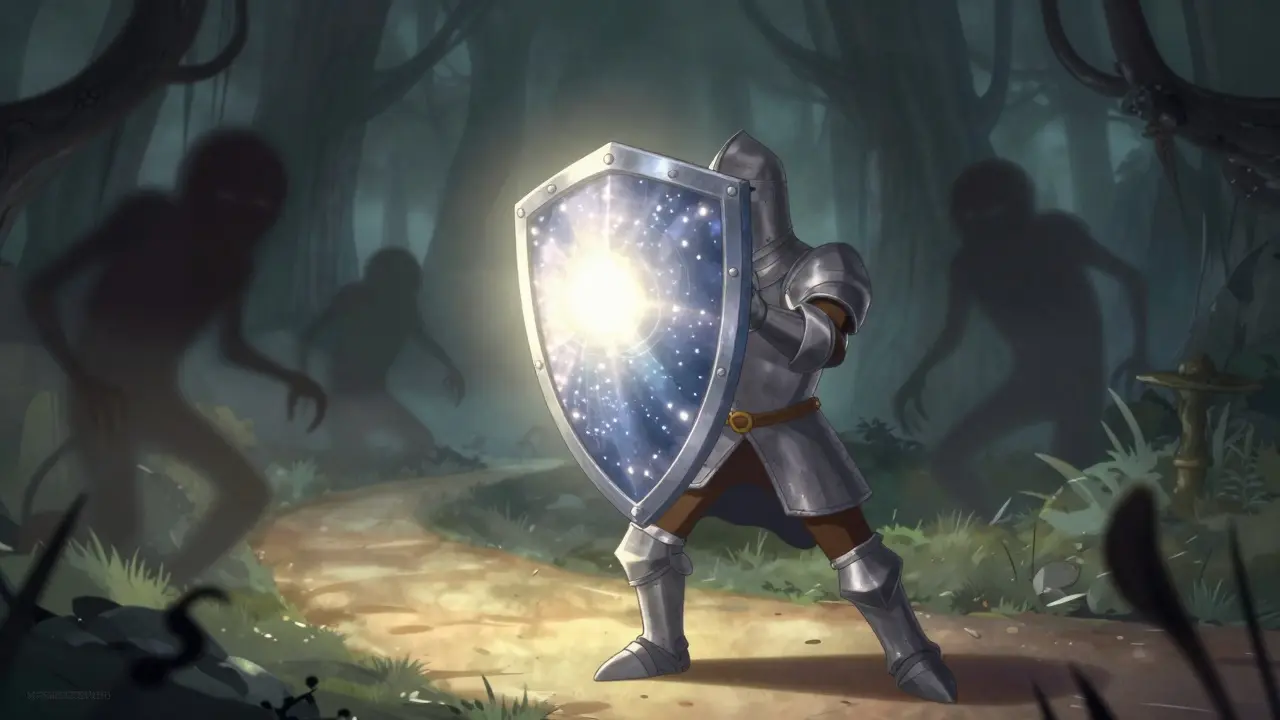 Guardián protegiendo contra sombras malvadas con escudo.