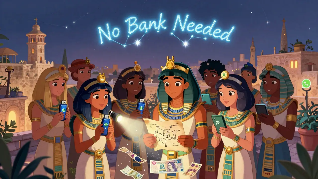 Jóvenes egipcios protegen sus claves cripto en un jardín de azotea, mientras el billete se desvanece.