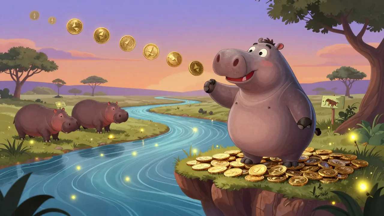 Mars el hipopótamo stands sobre islas de monedas quemadas, mientras tokens MARS se convierten en hipopótamos salvajes en la naturaleza.