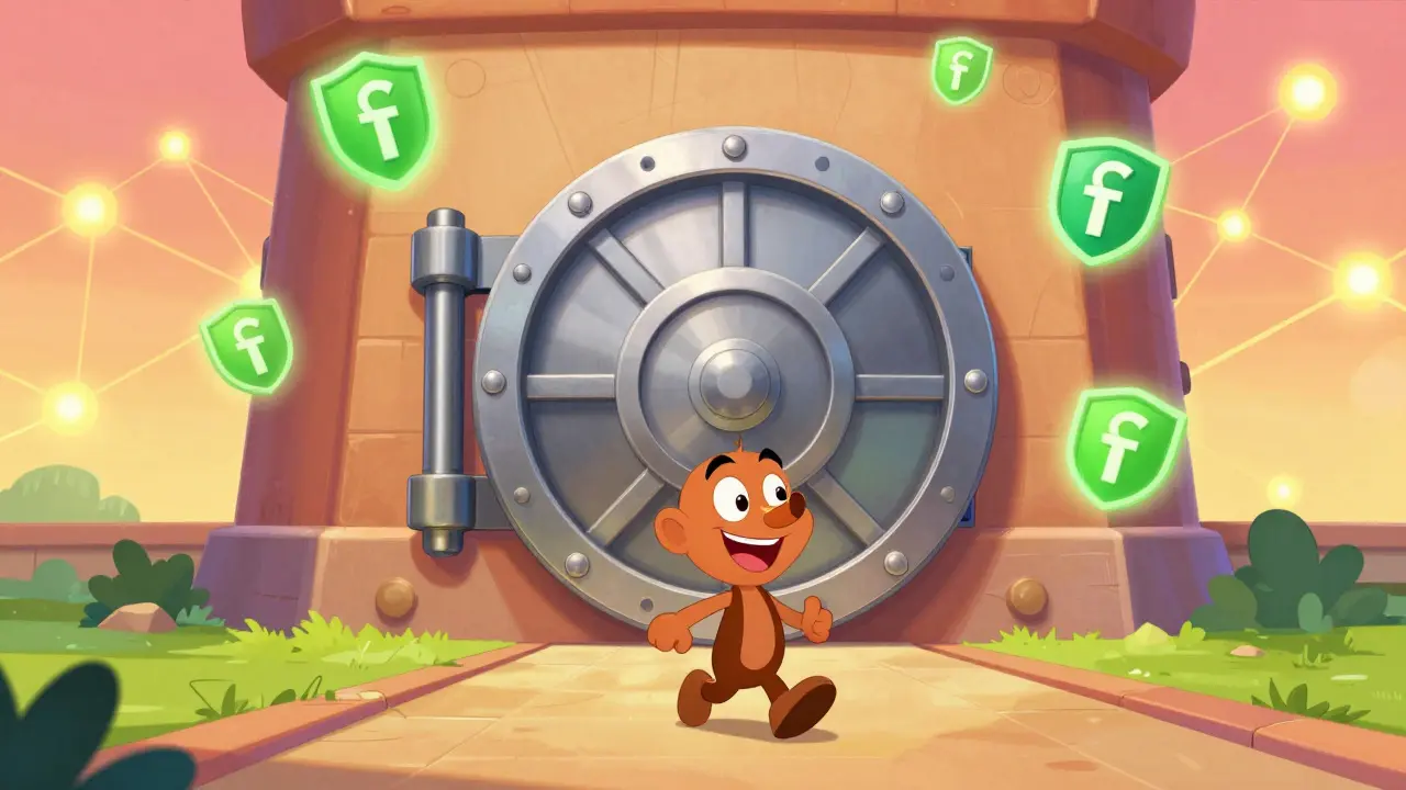 Personaje feliz caminando hacia un fuerte seguro con escudo protector y luces verdes.