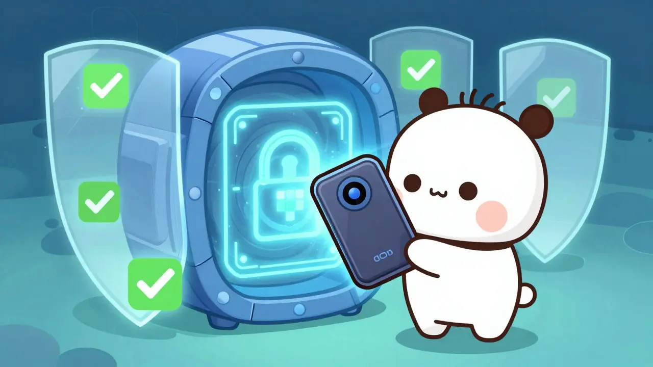 Personaje guardando activos digitales con un dispositivo de seguridad física