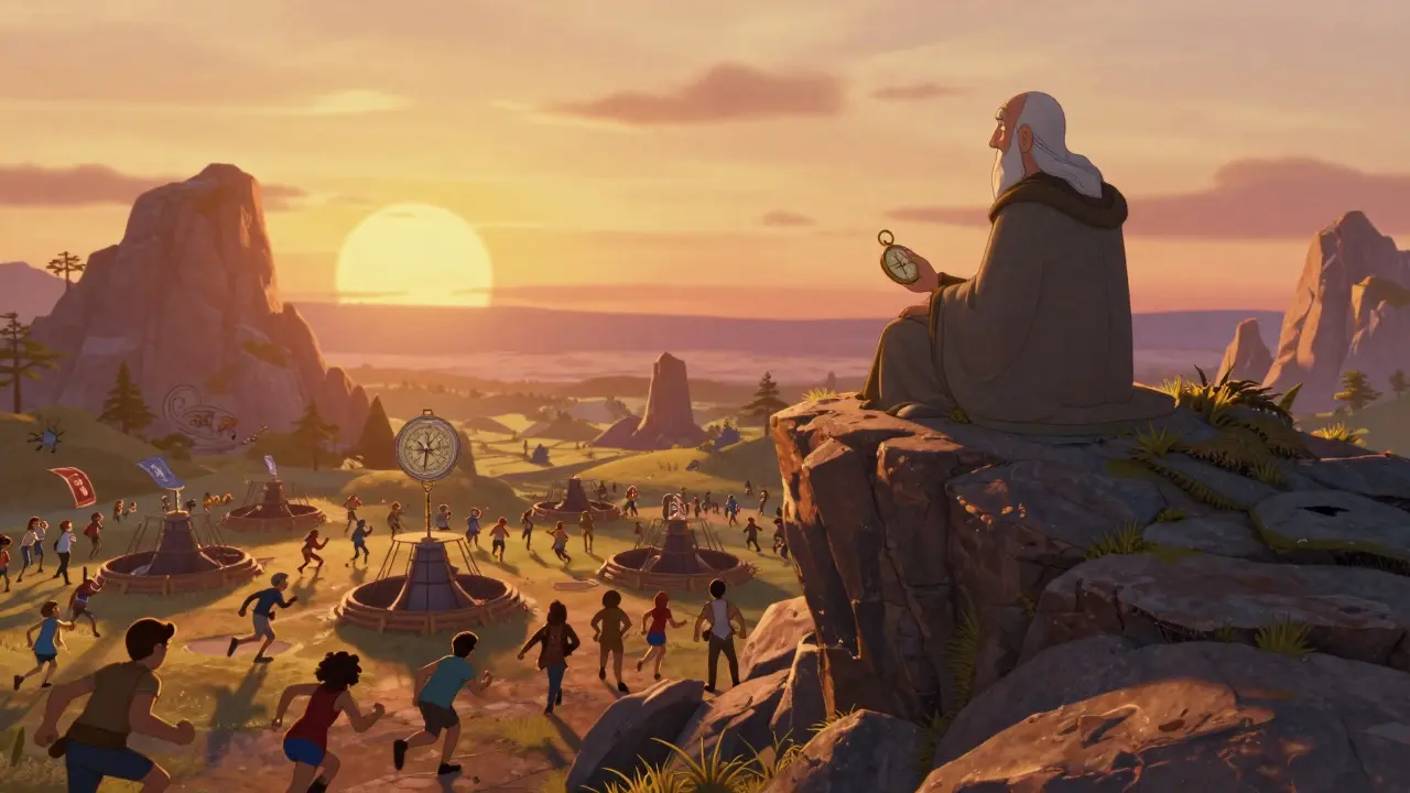 Personaje sereno viendo horizonte mientras otros corren abajo.