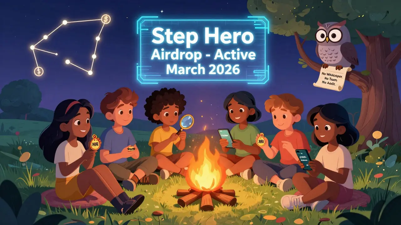 Personajes de todo el mundo revisan un airdrop $HERO junto a una señal que confirma su actividad en marzo de 2026.