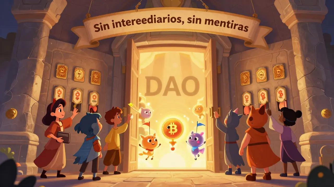 Personajes votando en un DAO con NFTs ARKENSTON mientras se abre una puerta mágica con el lema 'Sin intermediarios, sin mentiras'.