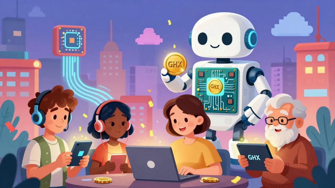 Personas de distintas edades reciben tokens GHX mientras una IA amigable recoge potencia de sus dispositivos.
