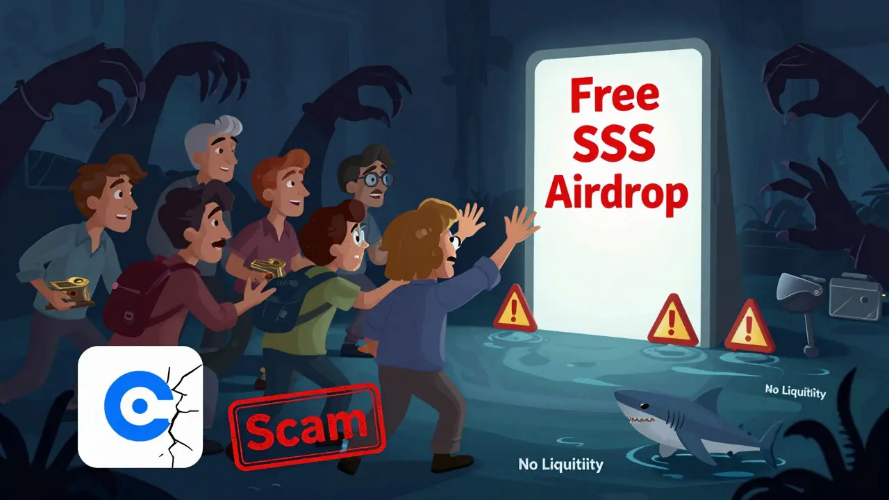 Personas intentando un airdrop falso mientras sus carteras son robadas por manos sombrías.