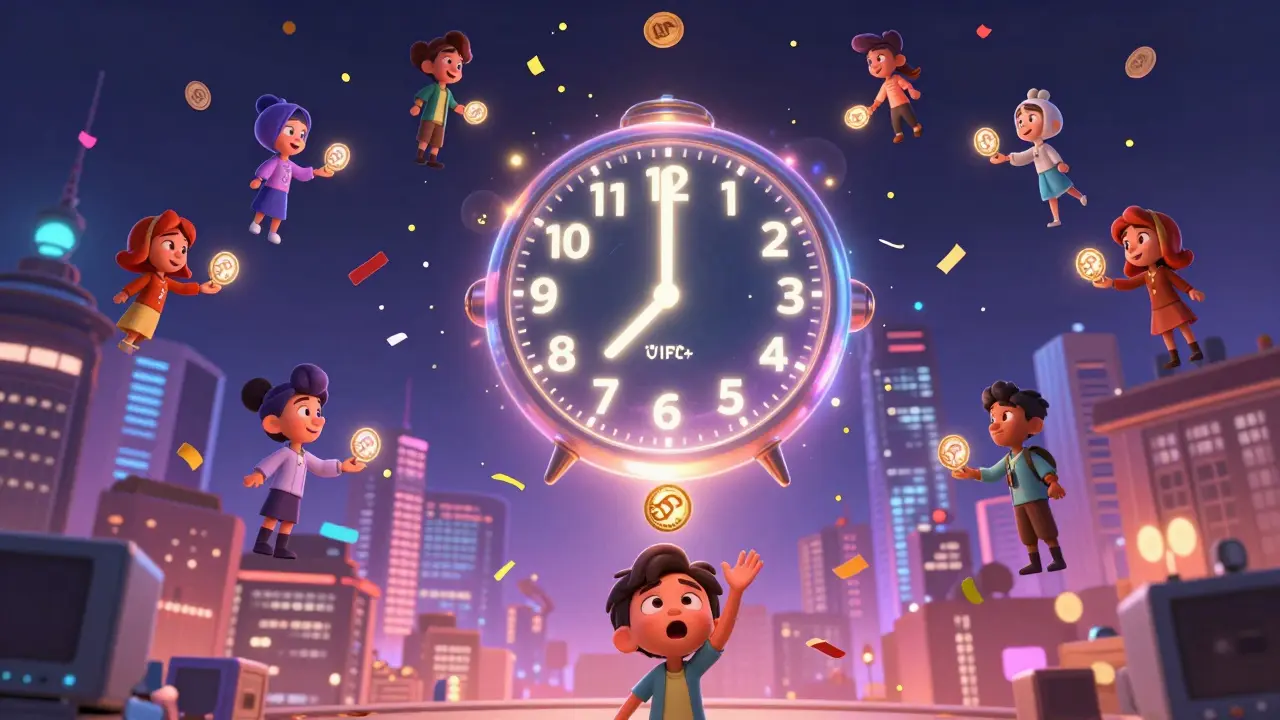 Reloj digital marca las 8:00 AM UTC+9 mientras miles de avatares reciben tokens de un orb brillante.